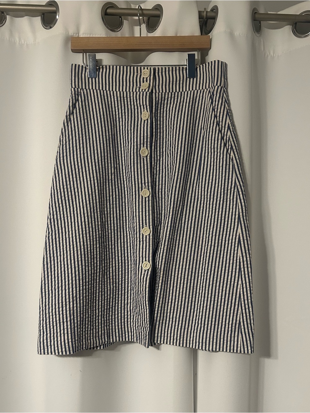 Club Monaco Navy and White Striped Button-Front A-Line Skirt